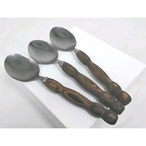 Lot of 3 Stainless Tablespoons with Carved‎ Wooden Handles Made In Japan